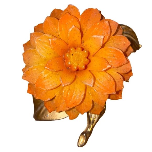 Vintage Orange Flower Brooch Pin - Retro Floral Statement Jewelry - Picture 1 of 4